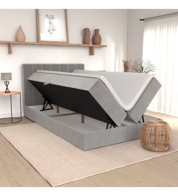 Łóżko kontynentalne Bergamo 140x200 – szare, z materacem, topperem i pojemnikami