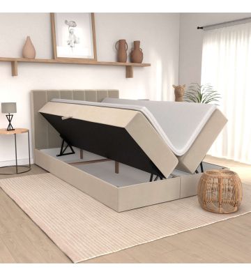 Łóżko kontynentalne Bergamo 140x200 – beżowe, z materacem, topperem i pojemnikami