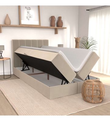 Łóżko kontynentalne Bergamo 120x200 – beżowe, z materacem, topperem i pojemnikami
