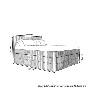 Łóżko kontynentalne, z podwójnym materacem i topperem Soho Double 180x200 Sztruks Szare
