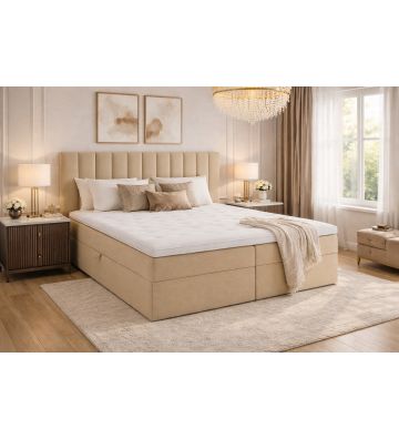 Łóżko kontynentalne z dwoma pojemnikami, materacem i topperem BERGAMO 120x200 Beżowe