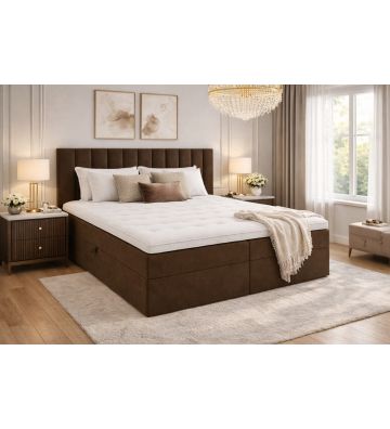 Łóżko kontynentalne z dwoma pojemnikami, materacem i topperem BERGAMO 160x200 Brązowe