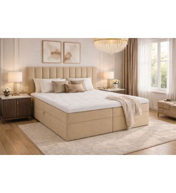 Łóżko kontynentalne z dwoma pojemnikami, materacem i topperem BERGAMO 200x200 Beżowe