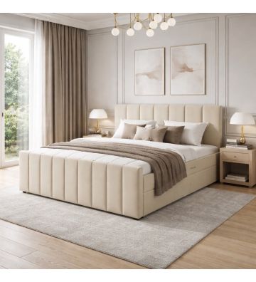 Łóżko kontynentalne, z dwoma pojemnikami, materacem i topperem Bergamo Plus 200x200 Beżowe