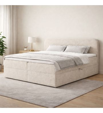 Łóżko kontynentalne z dwoma pojemnikami, materacem i topperem Malaga 120x200 Boucla Beżowe