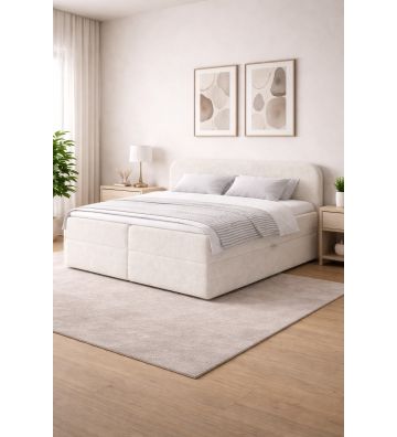 Łóżko kontynentalne z dwoma pojemnikami, materacem i topperem Malaga 140x200 Boucla Białe