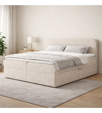 Łóżko kontynentalne z dwoma pojemnikami, materacem i topperem Malaga 180x200 Boucla Beżowe