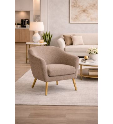 Fotel Livo boucle ze złotymi nóżkami – fotel skandynawski do salonu i sypialni ciemny beż
