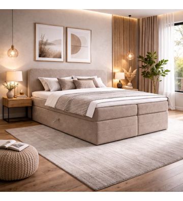 Łóżko kontynentalne z dwoma pojemnikami, materacem i topperem Malaga Duo 180x200 Boucla Ciemny beż