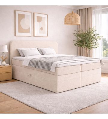 Łóżko kontynentalne z dwoma pojemnikami, materacem i topperem Malaga Duo160x200 Boucla Beżowe