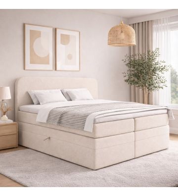 Łóżko kontynentalne z dwoma pojemnikami, materacem i topperem Malaga Duo 160x200 Boucla Białe